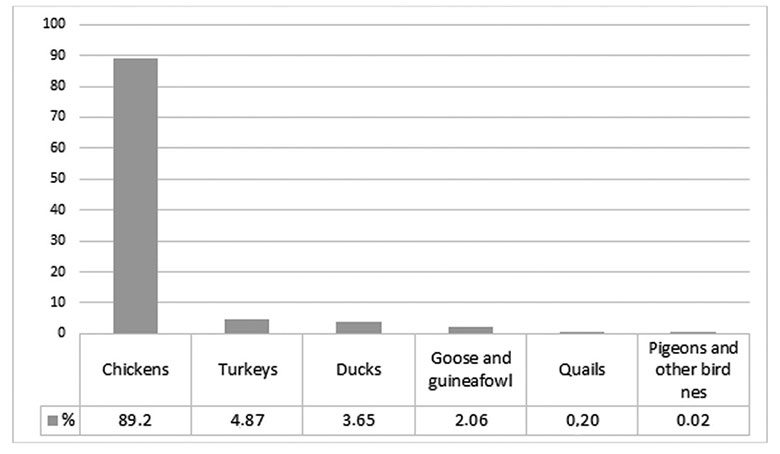 Global poultry meat production by species (FAOSTAT, 2018 and estimated data for quail
